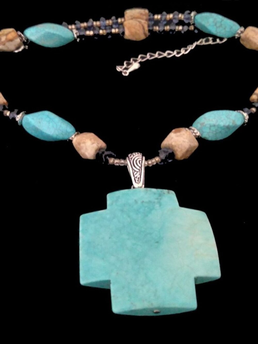 Handcrafted Turquoise Cross Stone Pendant Beaded Necklace